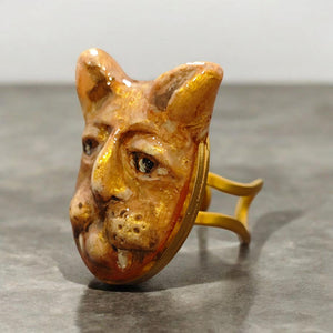 Human Cat Chimera Ring – Handmade Clay Surreal Statement Jewelry, Sculptural Fantasy Wearable Art on Adjustable Stainless Steel Band OOAK