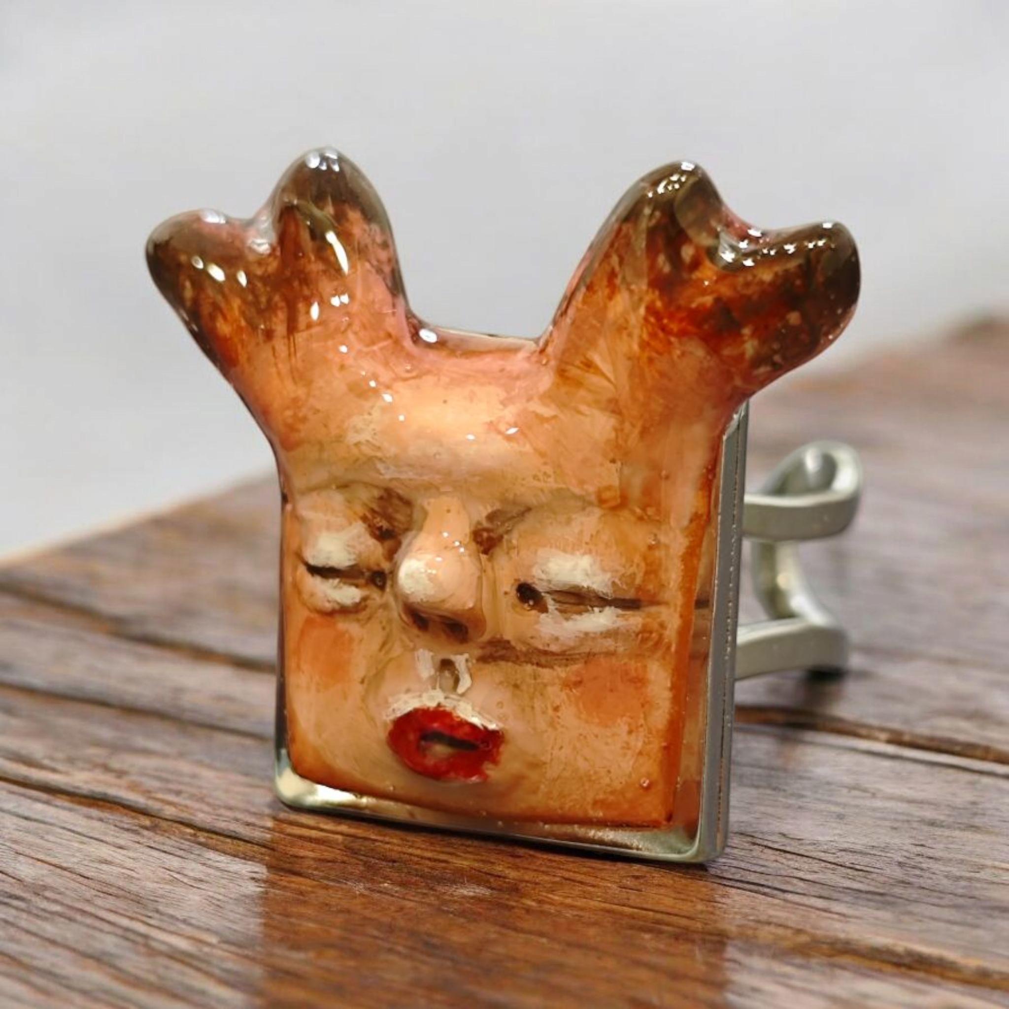 Human Deer Chimera Ring – Handmade Clay Surreal Statement Jewelry, Sculptural Fantasy Wearable Art, Adjustable Stainless Steel Band OOAK