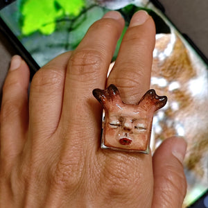 Human Deer Chimera Ring – Handmade Clay Surreal Statement Jewelry, Sculptural Fantasy Wearable Art, Adjustable Stainless Steel Band OOAK