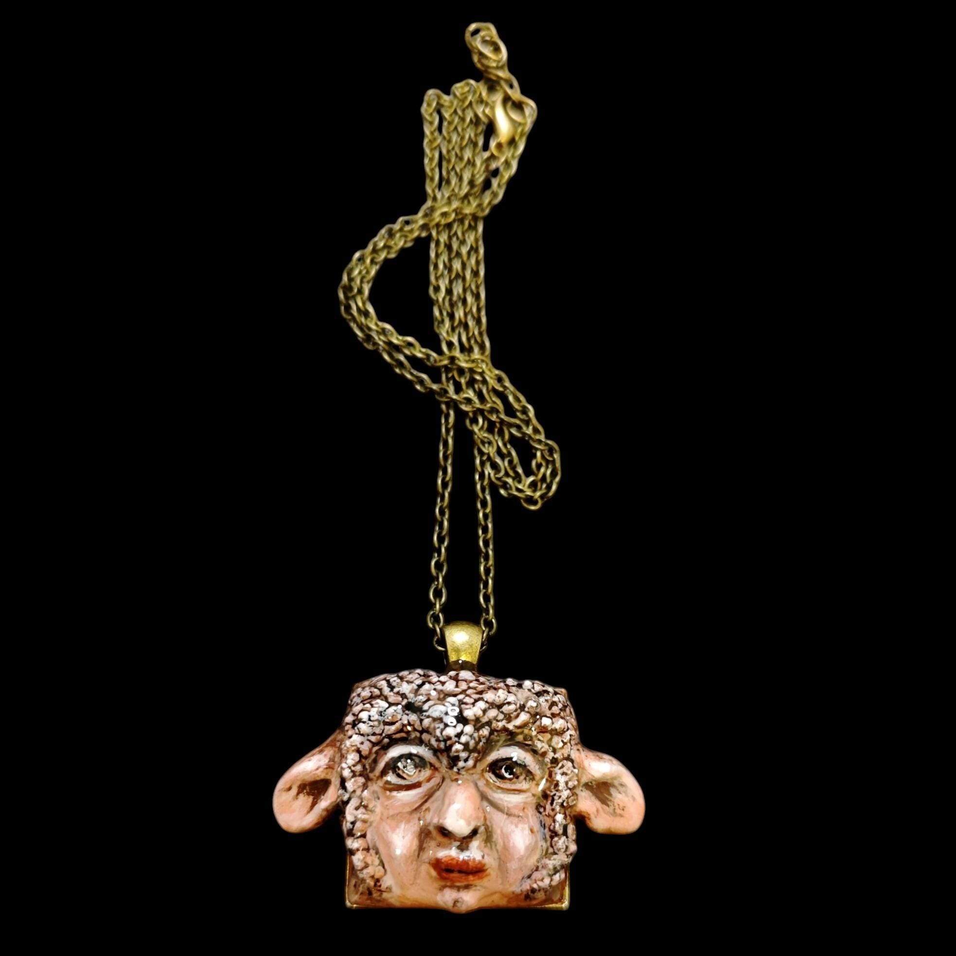 Human Sheep Chimera Necklace – Handmade Clay Surreal Statement Jewelry, Sculptural Fantasy Wearable Art with Alloy Pendant / Chain OOAK