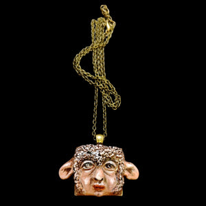 Human Sheep Chimera Necklace – Handmade Clay Surreal Statement Jewelry, Sculptural Fantasy Wearable Art with Alloy Pendant / Chain OOAK