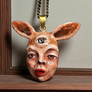 Human Rabbit Chimera Necklace – Handmade Clay Surreal Statement Jewelry, Sculptural Fantasy Wearable Art with Brass Pendant / Chain OOAK