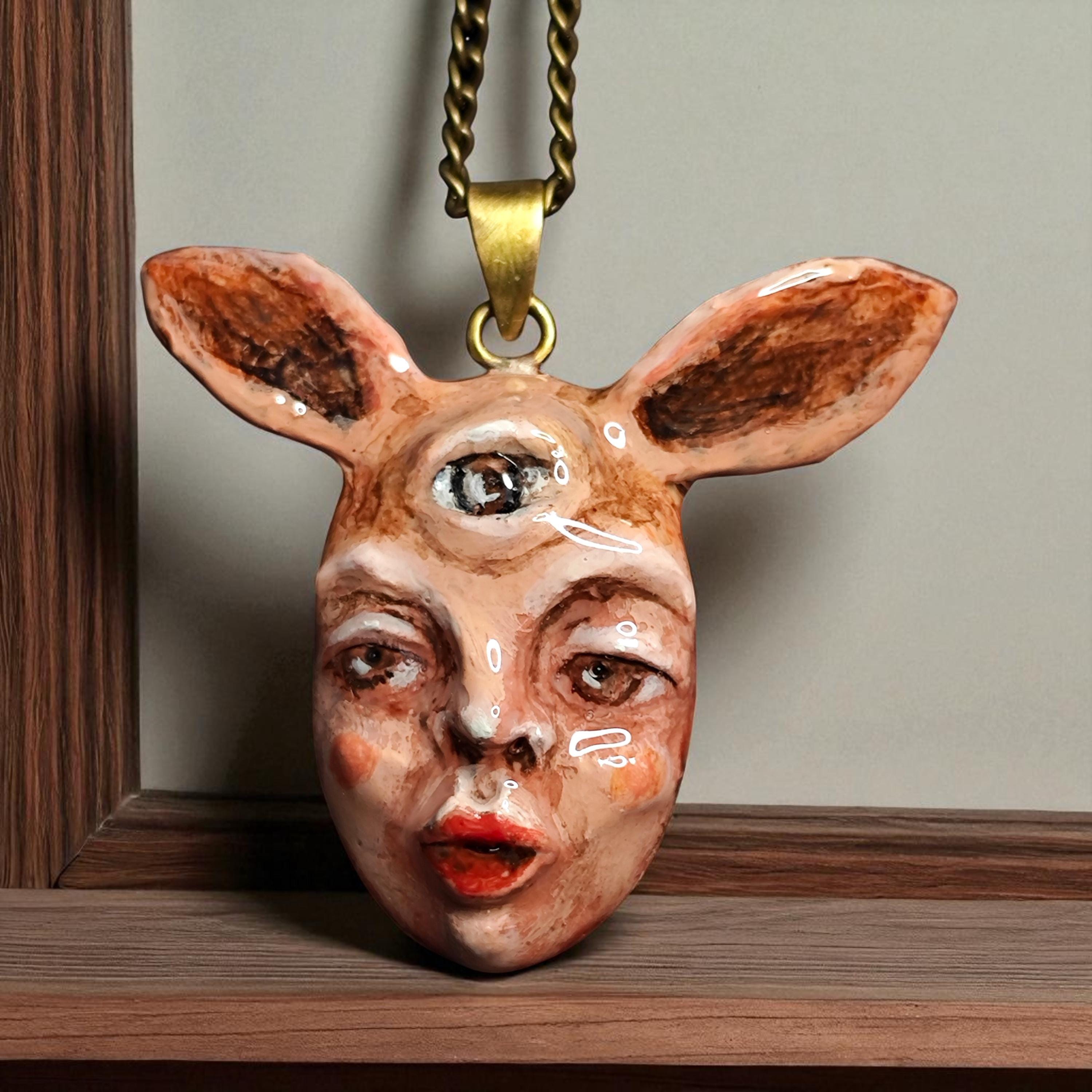 Human Rabbit Chimera Necklace – Handmade Clay Surreal Statement Jewelry, Sculptural Fantasy Wearable Art with Brass Pendant / Chain OOAK