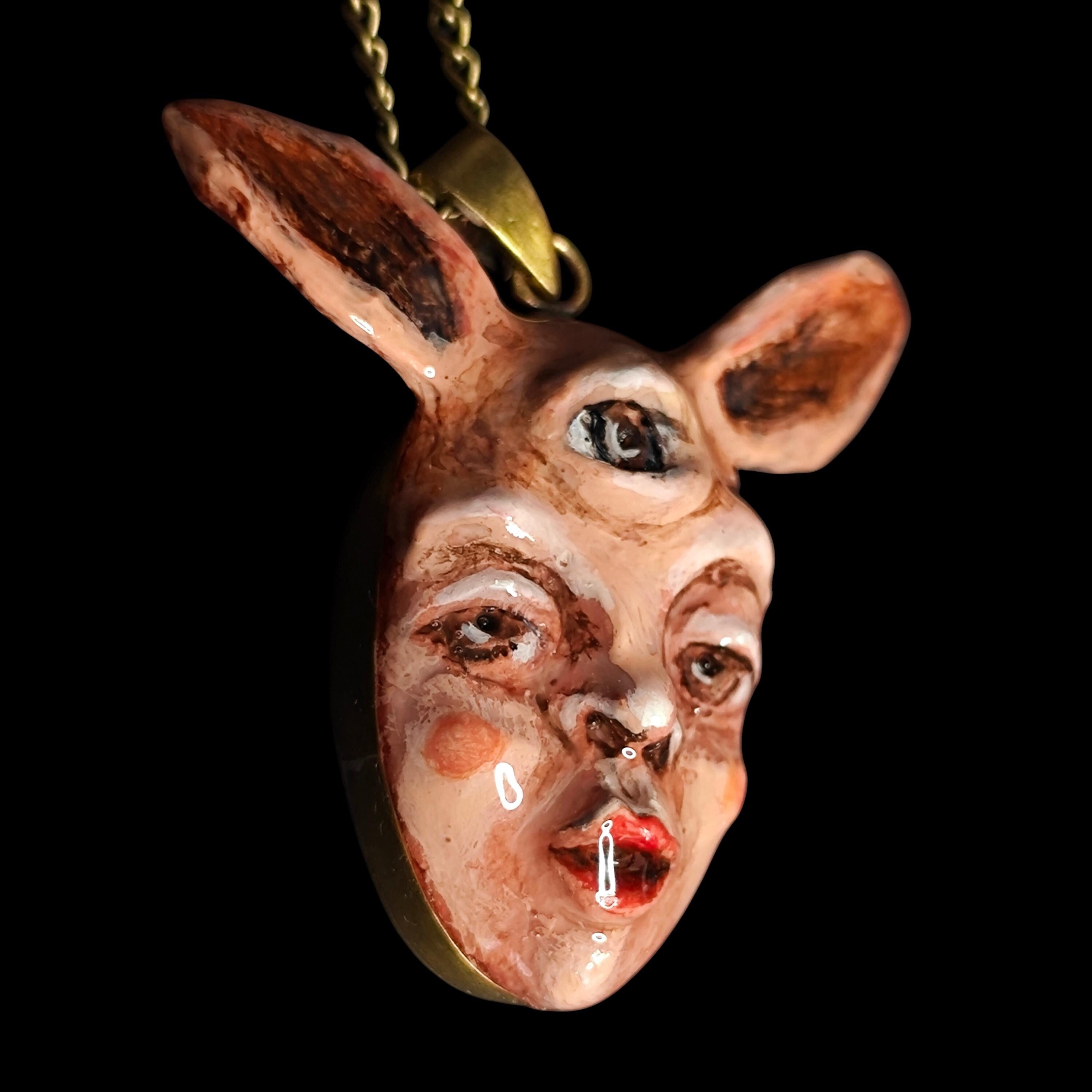 Human Rabbit Chimera Necklace – Handmade Clay Surreal Statement Jewelry, Sculptural Fantasy Wearable Art with Brass Pendant / Chain OOAK
