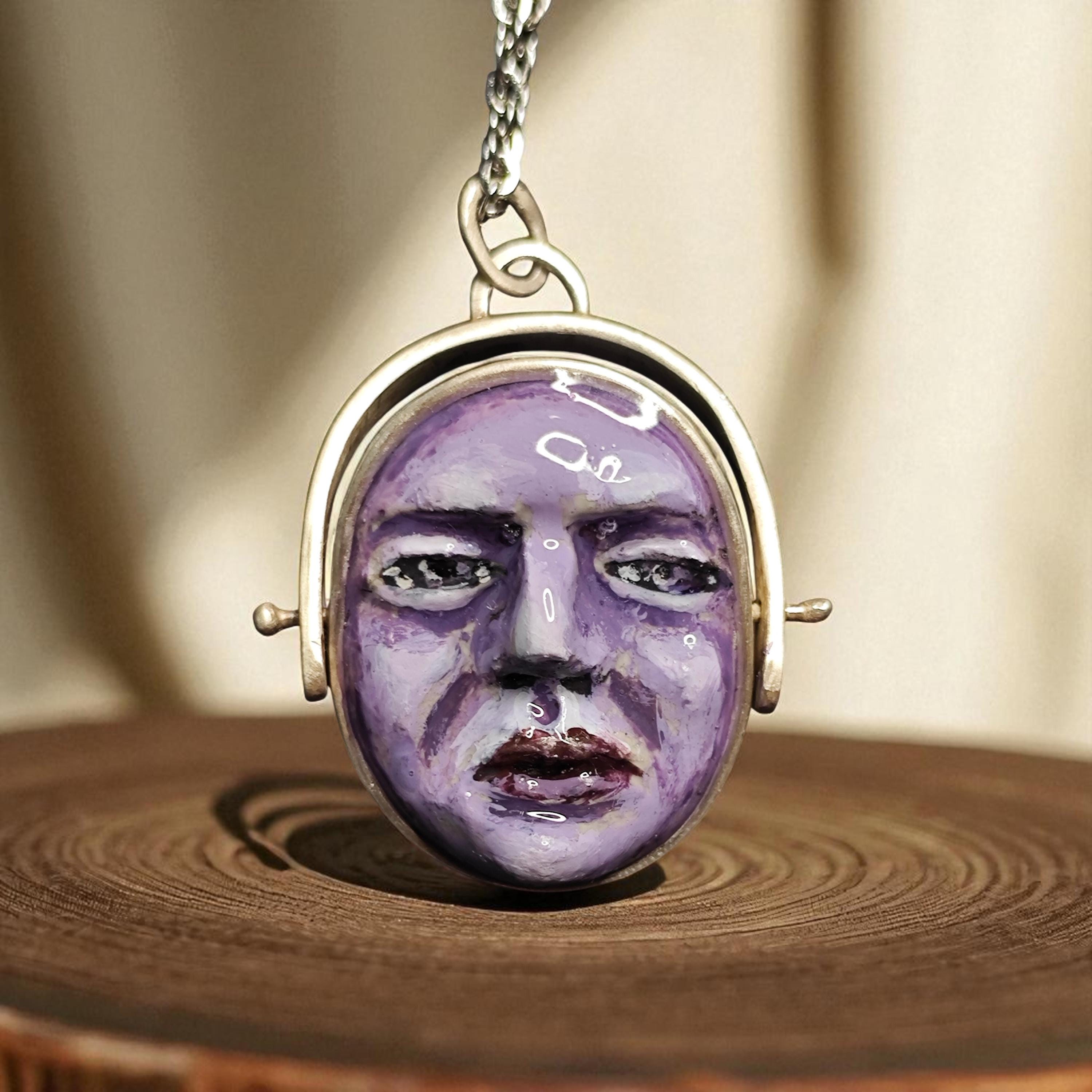 Two Faces Pendant – Handmade Clay Surreal Necklace, Mythic Statement Jewelry with 925 Sterling Silver Pendant / Chain OOAK