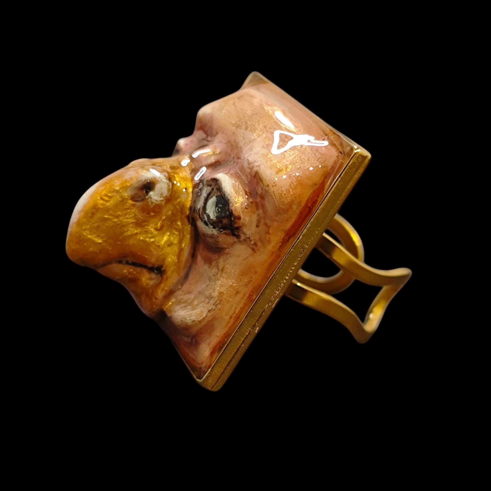 Human Eagle Chimera Ring – Handmade Clay Surreal Statement Jewelry, Sculptural Fantasy Wearable Art, Adjustable Stainless Steel Band OOAK