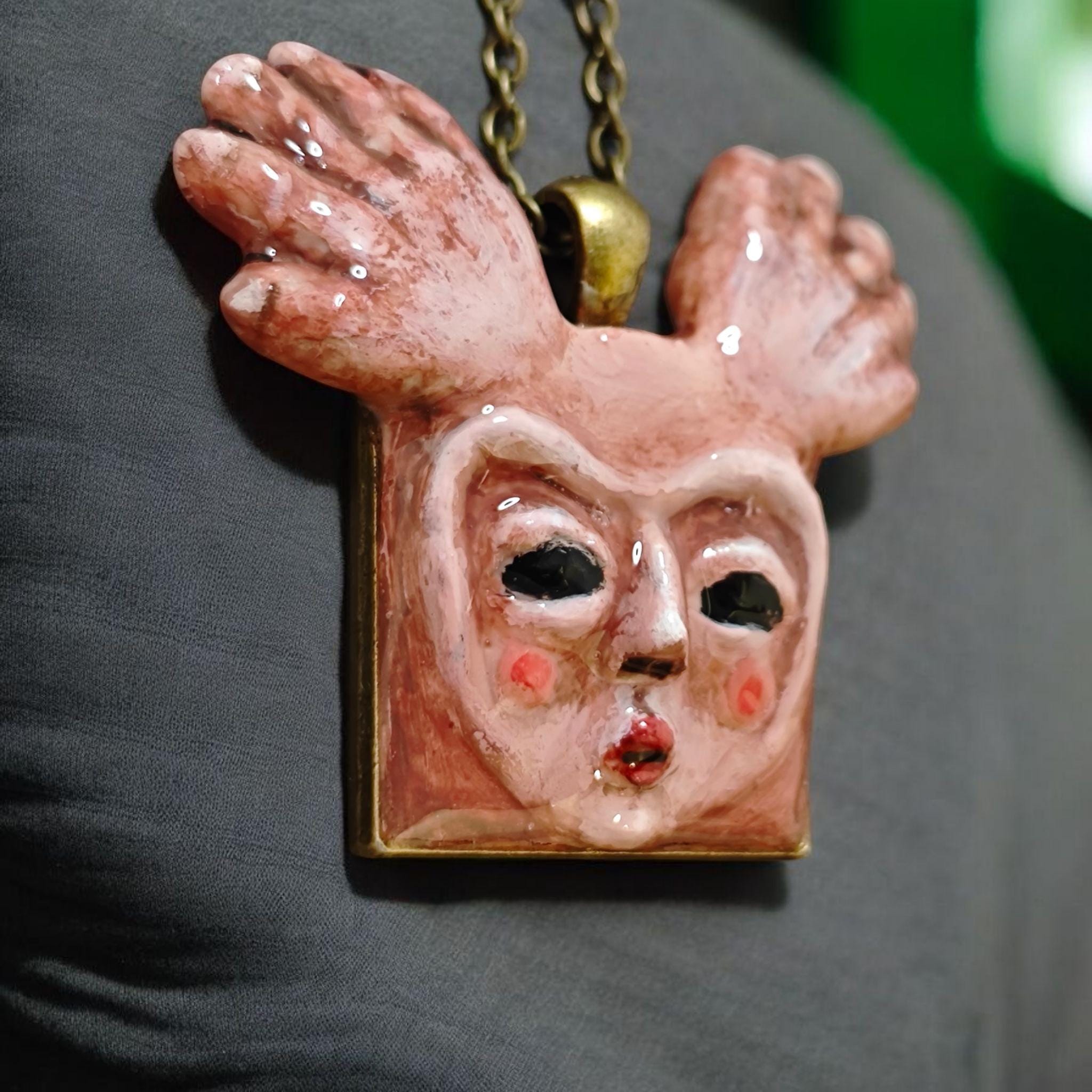 Human Deer Chimera Necklace – Handmade Clay Resin Surreal Statement Jewelry, Sculptural Fantasy Wearable Art with Alloy Pendant / Chain OOAK