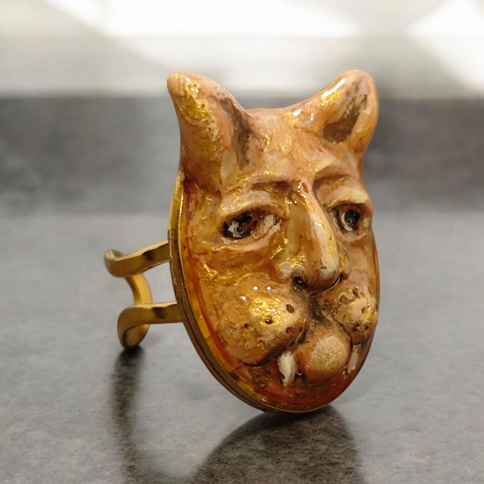Human Cat Chimera Ring – Handmade Clay Surreal Statement Jewelry, Sculptural Fantasy Wearable Art on Adjustable Stainless Steel Band OOAK
