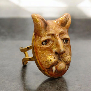 Human Cat Chimera Ring – Handmade Clay Surreal Statement Jewelry, Sculptural Fantasy Wearable Art on Adjustable Stainless Steel Band OOAK