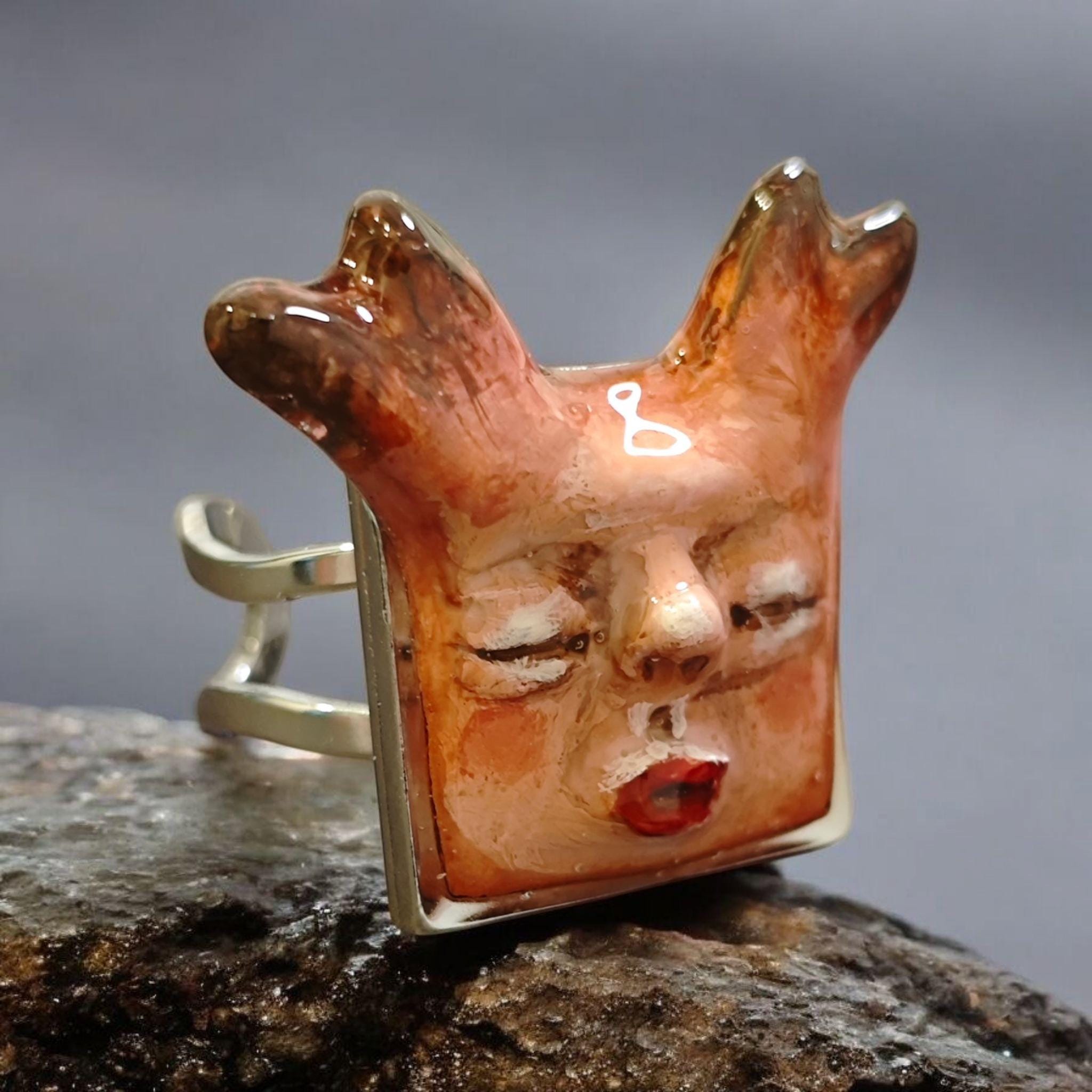 Human Deer Chimera Ring – Handmade Clay Surreal Statement Jewelry, Sculptural Fantasy Wearable Art, Adjustable Stainless Steel Band OOAK
