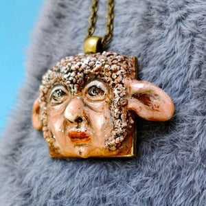 Human Sheep Chimera Necklace – Handmade Clay Surreal Statement Jewelry, Sculptural Fantasy Wearable Art with Alloy Pendant / Chain OOAK