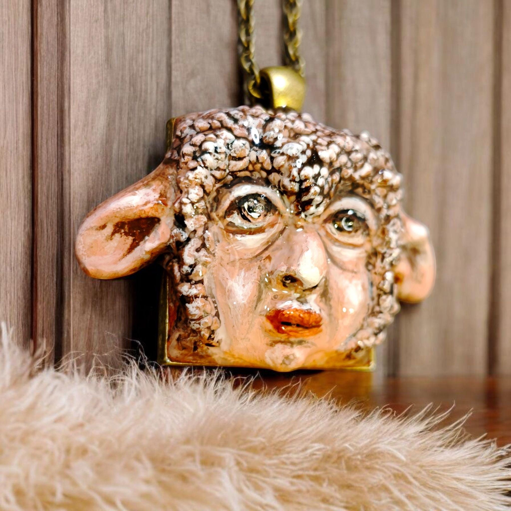 Human Sheep Chimera Necklace – Handmade Clay Surreal Statement Jewelry, Sculptural Fantasy Wearable Art with Alloy Pendant / Chain OOAK