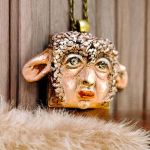 Human Sheep Chimera Necklace – Handmade Clay Surreal Statement Jewelry, Sculptural Fantasy Wearable Art with Alloy Pendant / Chain OOAK