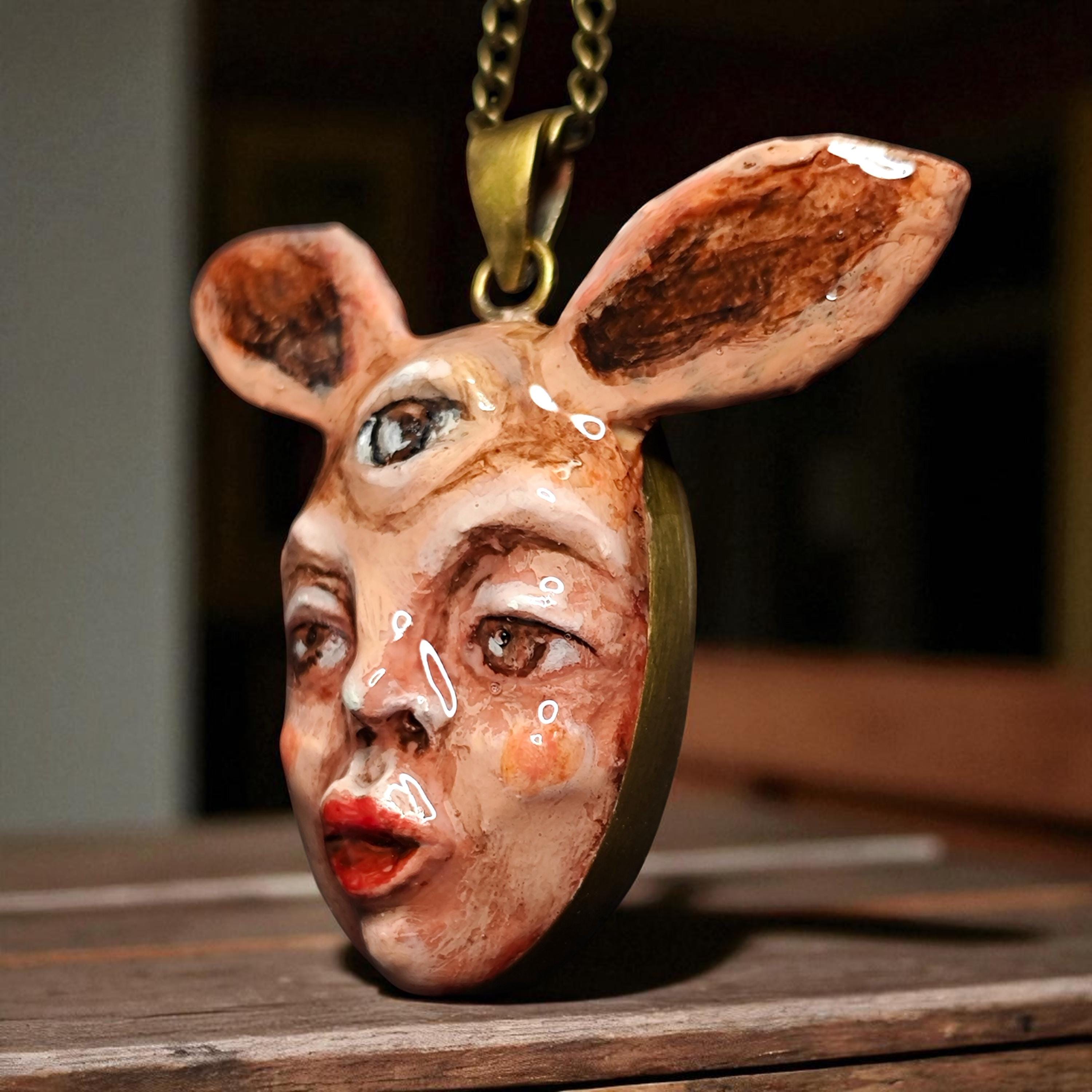 Human Rabbit Chimera Necklace – Handmade Clay Surreal Statement Jewelry, Sculptural Fantasy Wearable Art with Brass Pendant / Chain OOAK