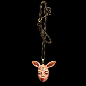Human Rabbit Chimera Necklace – Handmade Clay Surreal Statement Jewelry, Sculptural Fantasy Wearable Art with Brass Pendant / Chain OOAK