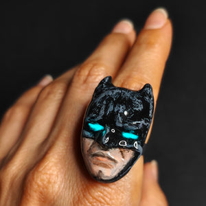 Glowing Eyes Ring – Handmade Clay & Resin Dark Fantasy Statement Jewelry, Mysterious Wearable Art on Adjustable Stainless Steel Band OOAK