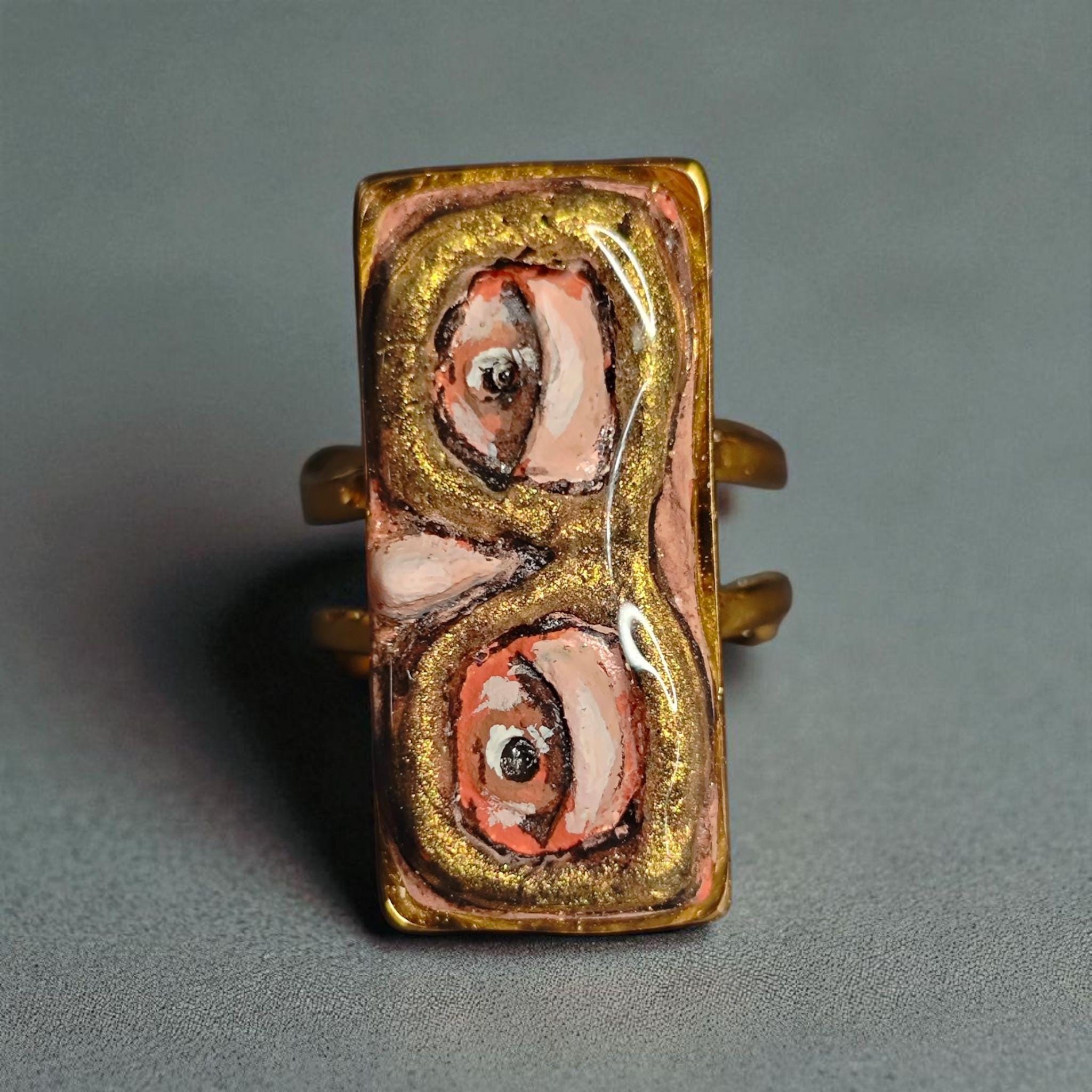 Glasses Eyes Ring – Handmade Clay & Resin Surreal Statement Jewelry, Sculptural Wearable Art on Adjustable Stainless Steel Band OOAK