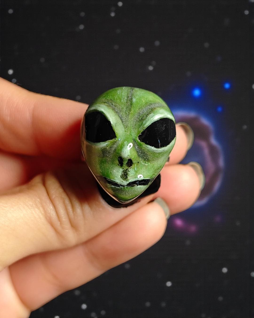 Glowing Alien UFO Ring – Handmade Clay & Resin Surreal Statement Jewelry, Sculptural Fantasy Wearable Art on Sterling Silver S925 Band