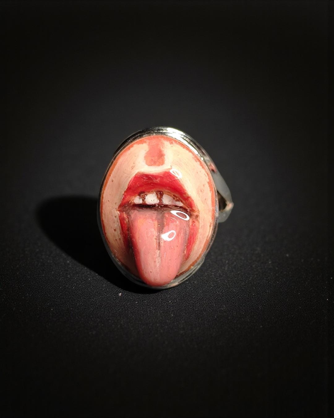 Tongue Out Ring – Handmade Clay & Resin Surreal Statement Jewelry, Sculptural Fantasy Wearable Art on Sterling Silver S925 Band