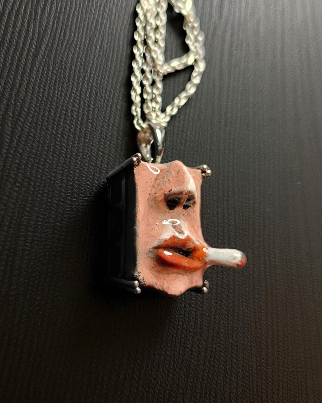 Smoking Necklace – Handmade Clay & Resin Surreal Statement Jewelry, Sculptural Wearable Art with Sterling Silver S925 Pendant / Chain