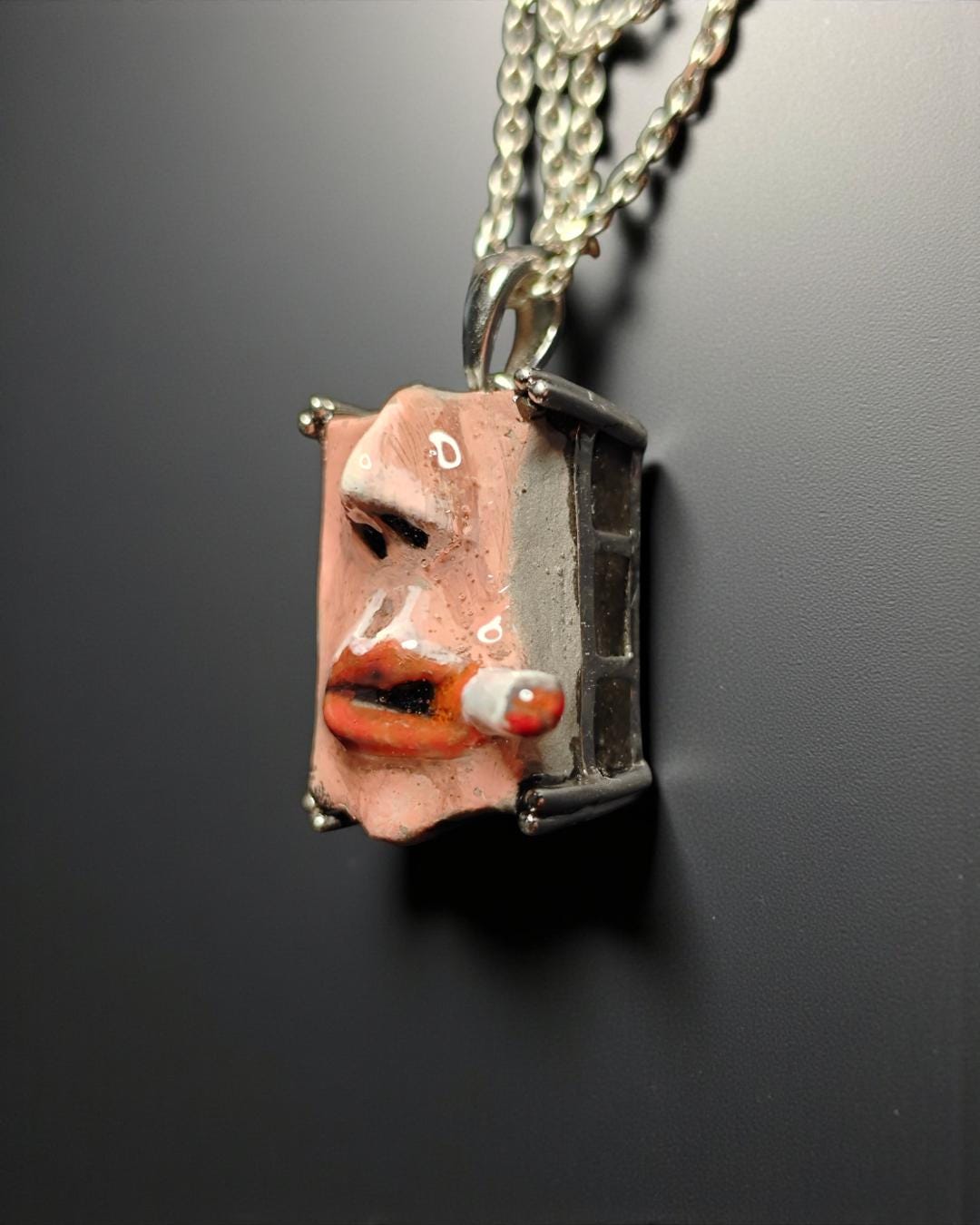 Smoking Necklace – Handmade Clay & Resin Surreal Statement Jewelry, Sculptural Wearable Art with Sterling Silver S925 Pendant / Chain