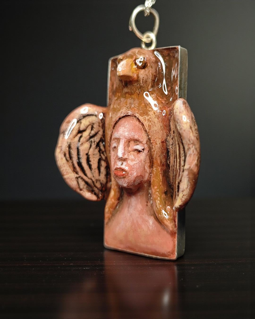 Indigenous Eagle Chimera Necklace – Handmade Clay & Resin Surreal Statement Jewelry, Sculptural Fantasy Wearable Art with Sterling Silver S9