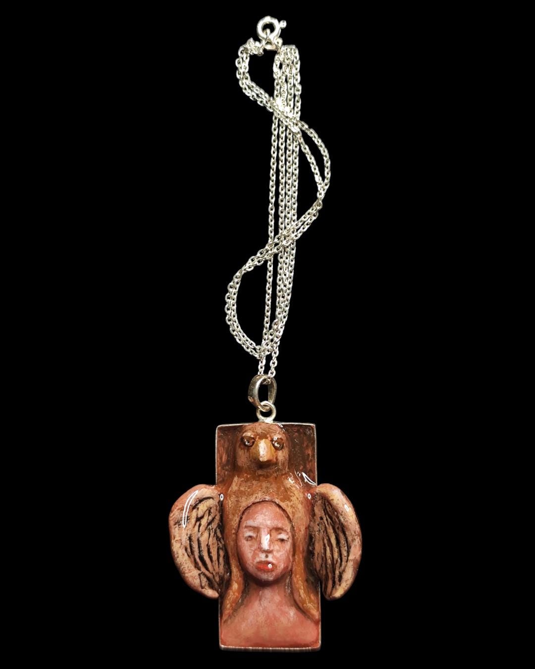 Indigenous Eagle Chimera Necklace – Handmade Clay & Resin Surreal Statement Jewelry, Sculptural Fantasy Wearable Art with Sterling Silver S9