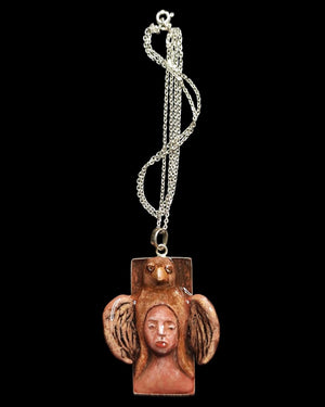 Indigenous Eagle Chimera Necklace – Handmade Clay & Resin Surreal Statement Jewelry, Sculptural Fantasy Wearable Art with Sterling Silver S9