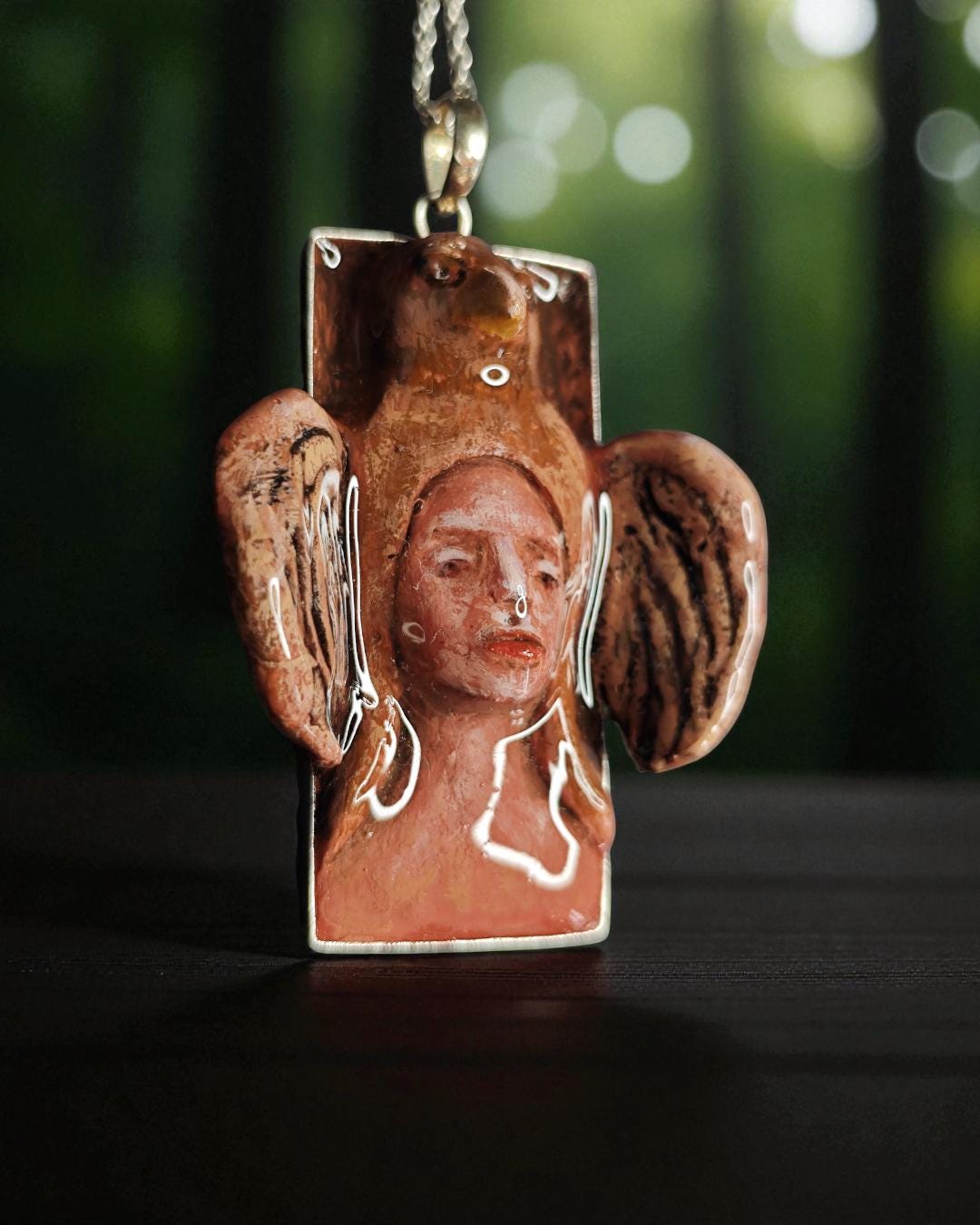 Indigenous Eagle Chimera Necklace – Handmade Clay & Resin Surreal Statement Jewelry, Sculptural Fantasy Wearable Art with Sterling Silver S9