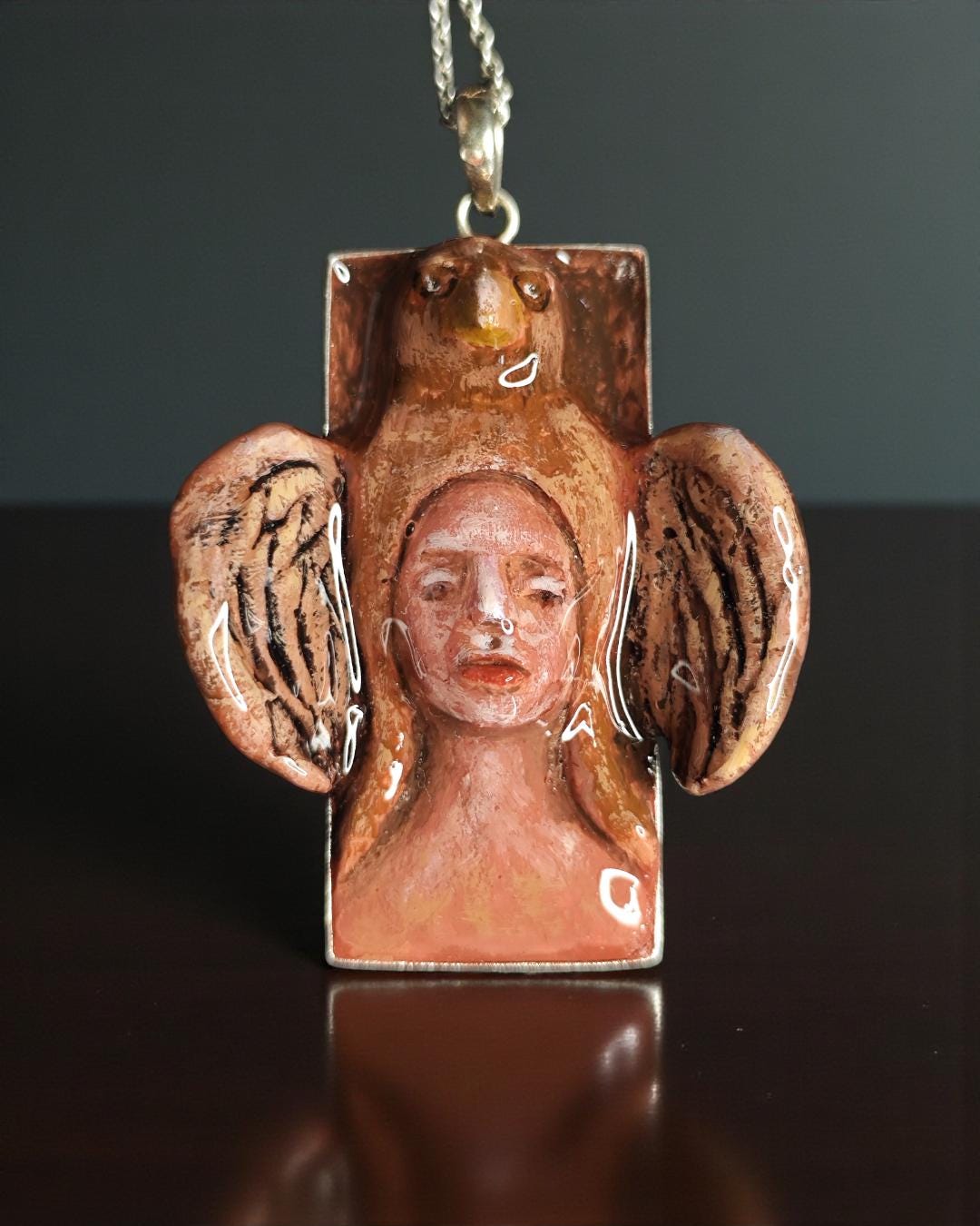 Indigenous Eagle Chimera Necklace – Handmade Clay & Resin Surreal Statement Jewelry, Sculptural Fantasy Wearable Art with Sterling Silver S9
