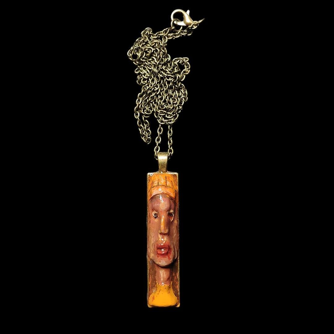 Indigenous Inspired Necklace – Handmade Clay & Resin Surreal Statement Jewelry, Sculptural Wearable Art with Alloy Pendant / Chain OOAK