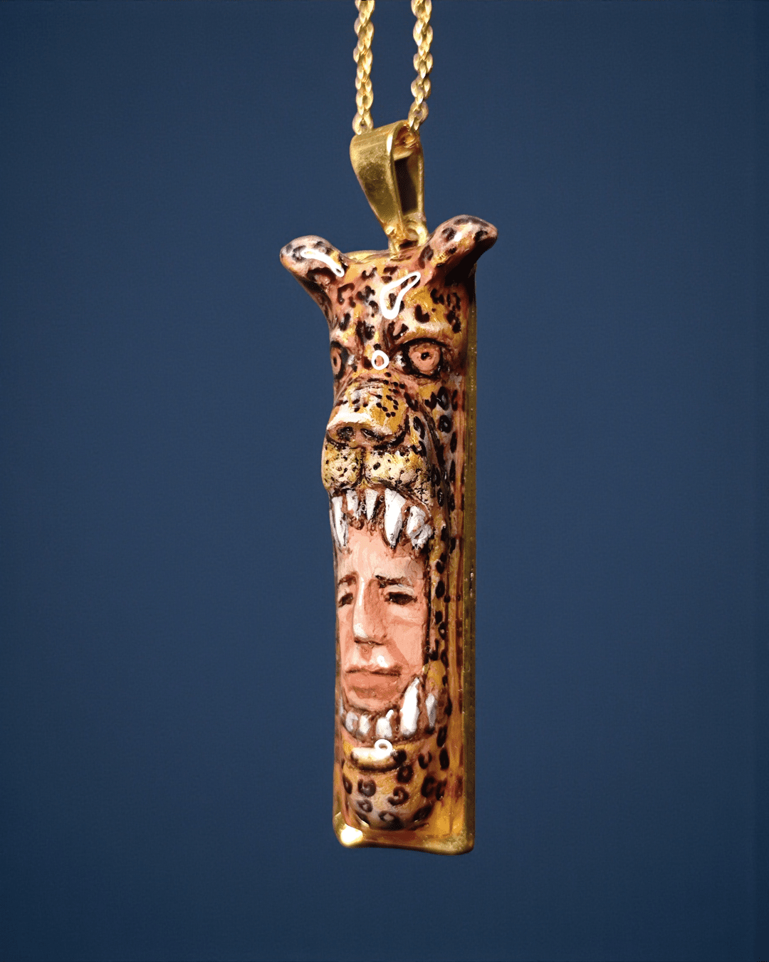 Indigenous Jaguar Mask Necklace – Handmade Clay & Resin Surreal Statement Jewelry, Sculptural Fantasy Wearable Art with Stainless Steel Chain / Pendant - SAMA