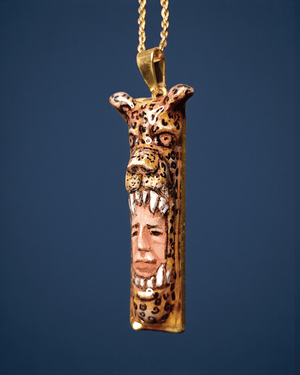 Indigenous Jaguar Mask Necklace – Handmade Clay & Resin Surreal Statement Jewelry, Sculptural Fantasy Wearable Art with Stainless Steel Chain / Pendant - SAMA