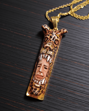 Indigenous Jaguar Mask Necklace – Handmade Clay & Resin Surreal Statement Jewelry, Sculptural Fantasy Wearable Art with Stainless Steel Chain / Pendant - SAMA