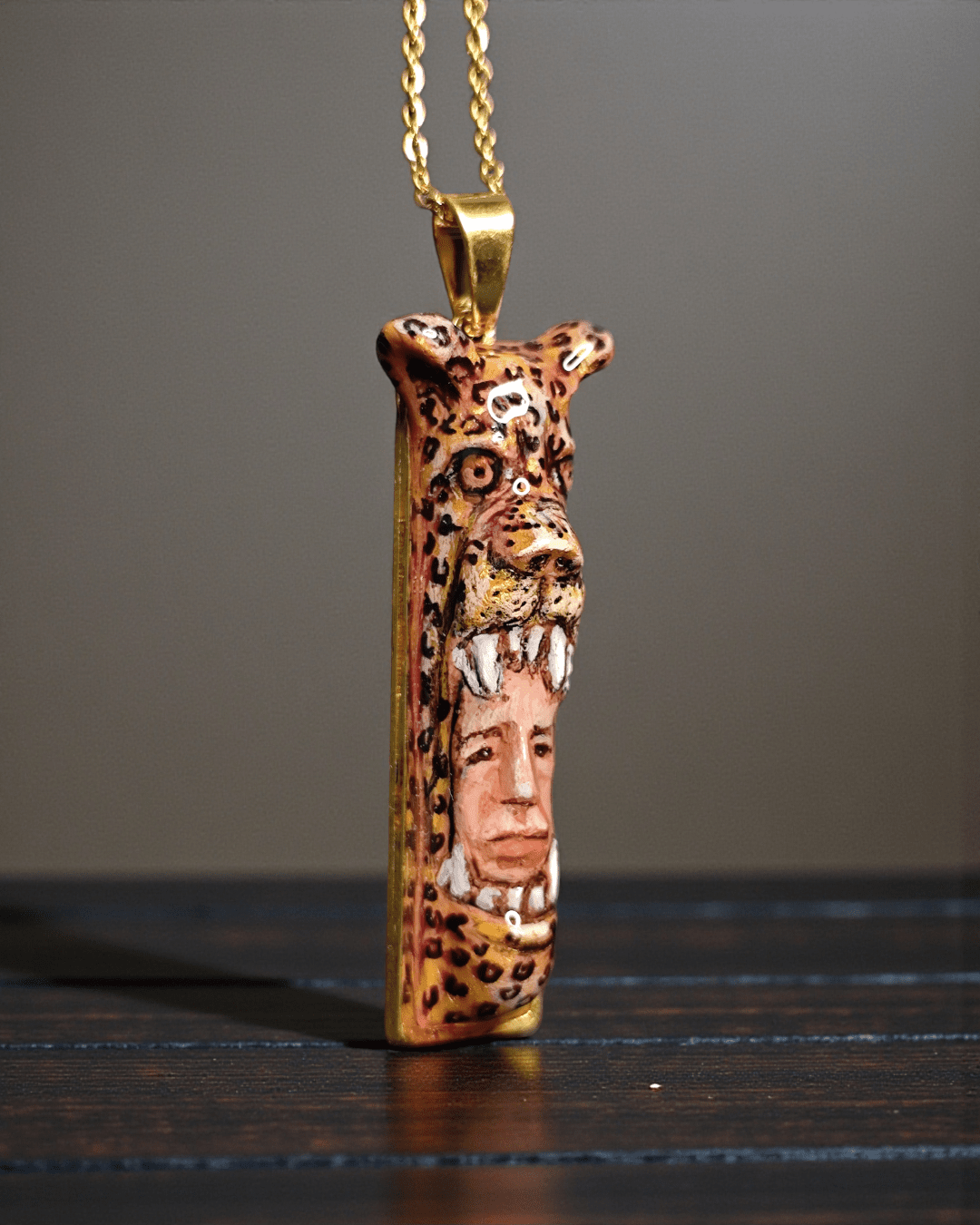 Indigenous Jaguar Mask Necklace – Handmade Clay & Resin Surreal Statement Jewelry, Sculptural Fantasy Wearable Art with Stainless Steel Chain / Pendant - SAMA