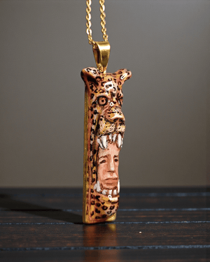 Indigenous Jaguar Mask Necklace – Handmade Clay & Resin Surreal Statement Jewelry, Sculptural Fantasy Wearable Art with Stainless Steel Chain / Pendant - SAMA