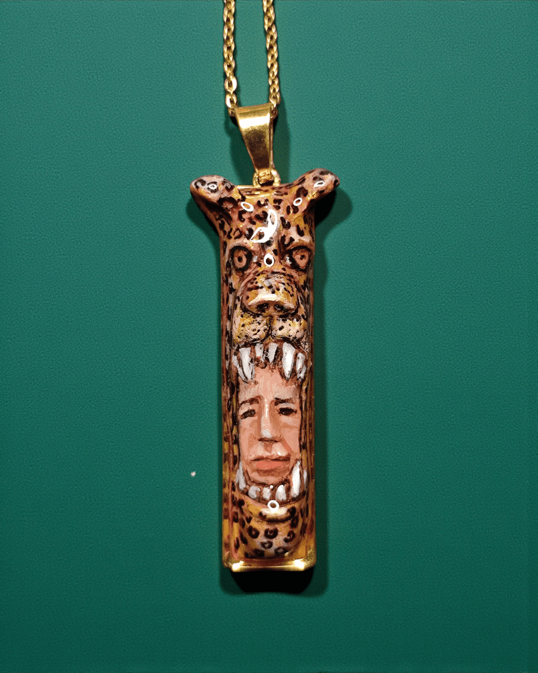 Indigenous Jaguar Mask Necklace – Handmade Clay & Resin Surreal Statement Jewelry, Sculptural Fantasy Wearable Art with Stainless Steel Chain / Pendant - SAMA