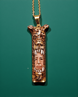 Indigenous Jaguar Mask Necklace – Handmade Clay & Resin Surreal Statement Jewelry, Sculptural Fantasy Wearable Art with Stainless Steel Chain / Pendant - SAMA