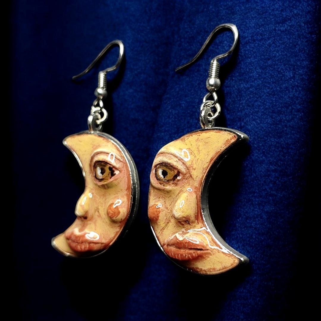 Lady Moon Earrings – Handmade Clay & Resin Surreal Statement Jewelry, Sculptural Wearable Art with Zinc Alloy Hooks OOAK