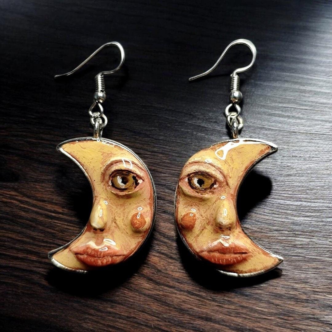 Lady Moon Earrings – Handmade Clay & Resin Surreal Statement Jewelry, Sculptural Wearable Art with Zinc Alloy Hooks OOAK
