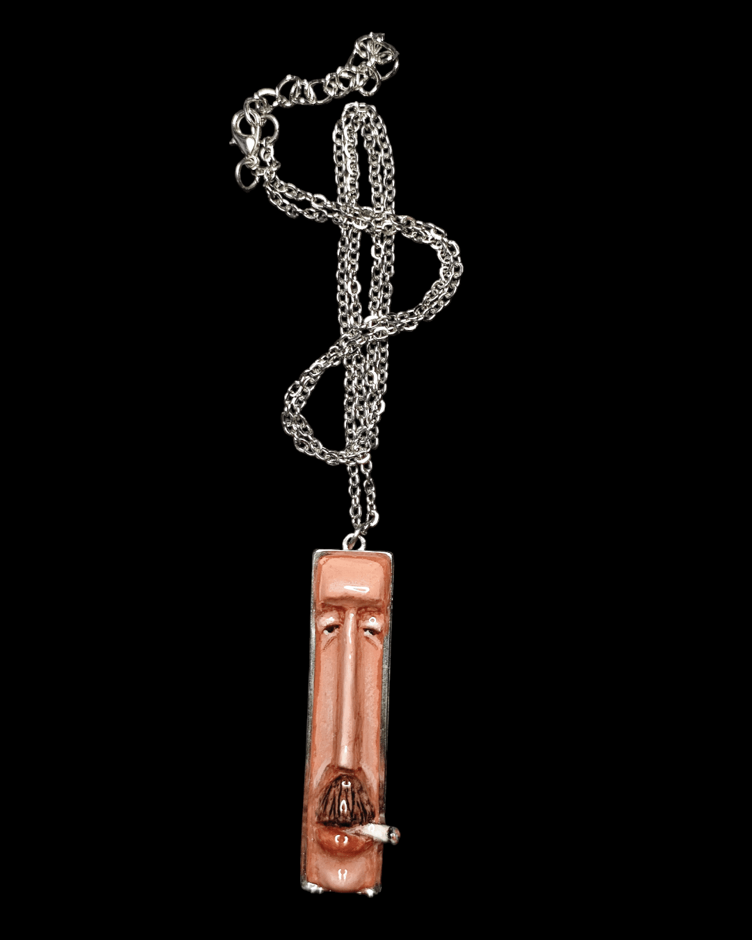 Man Smoking Cigar Necklace – Handmade Clay & Resin Surreal Statement Jewelry, Sculptural Fantasy Wearable Art with Stainless Steel Chain / Pendant - SAMA