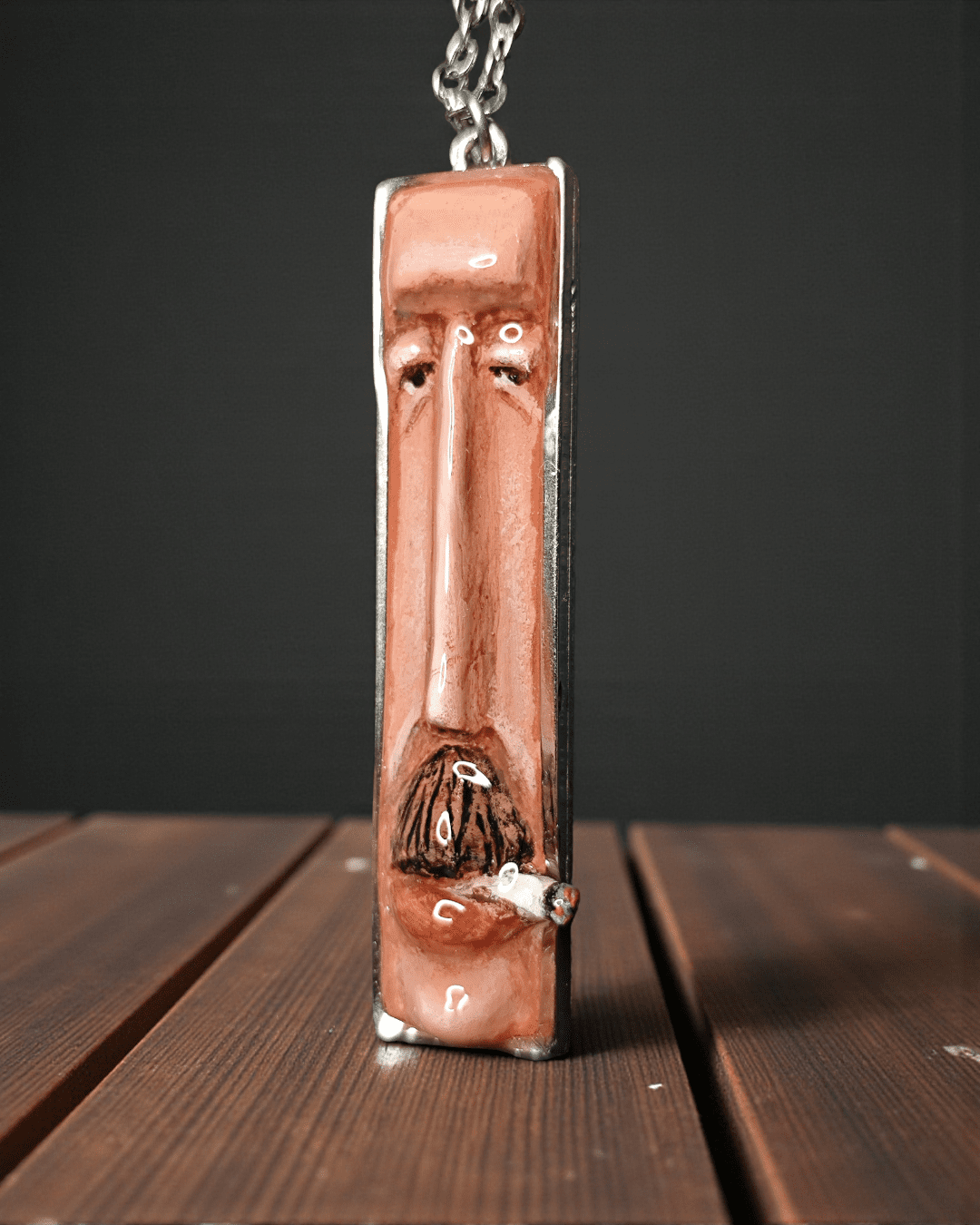 Man Smoking Cigar Necklace – Handmade Clay & Resin Surreal Statement Jewelry, Sculptural Fantasy Wearable Art with Stainless Steel Chain / Pendant - SAMA