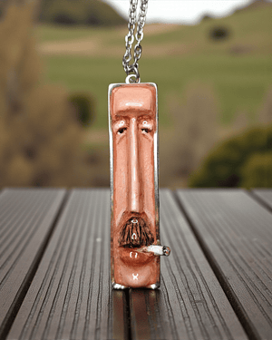 Man Smoking Cigar Necklace – Handmade Clay & Resin Surreal Statement Jewelry, Sculptural Fantasy Wearable Art with Stainless Steel Chain / Pendant - SAMA