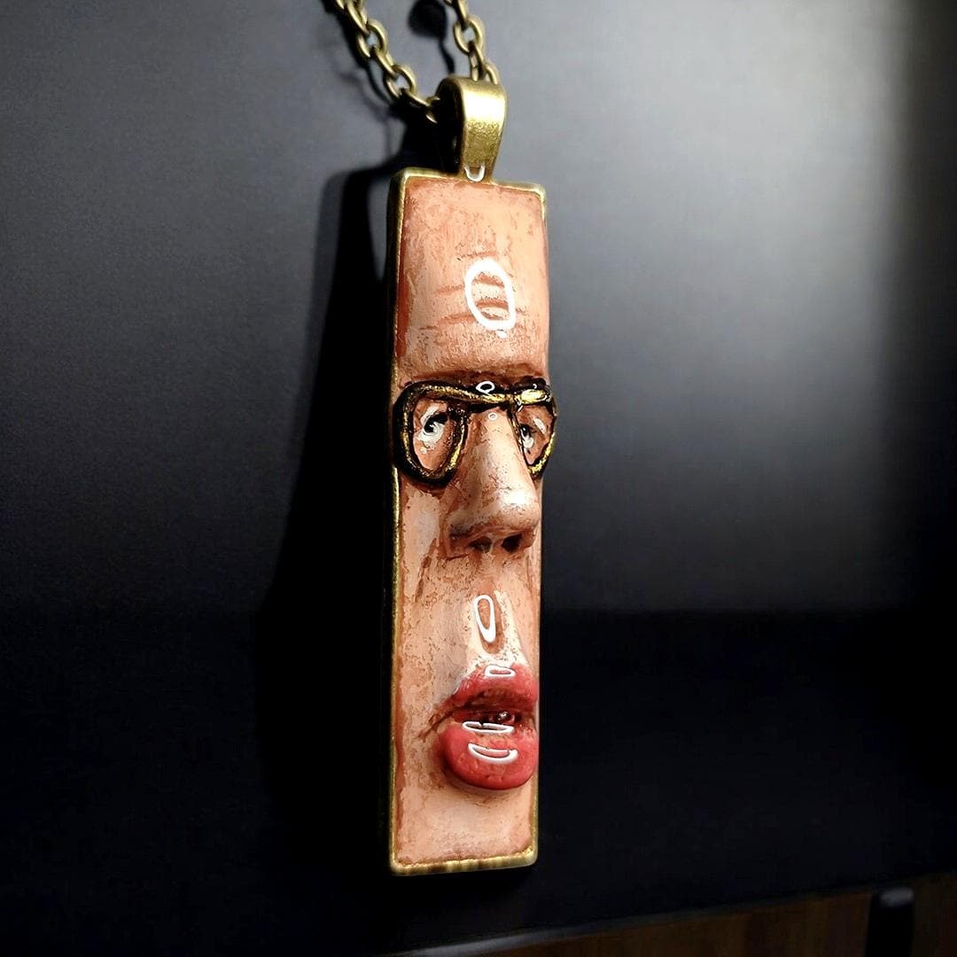 Man with Glasses Necklace – Handmade Clay & Resin Surreal Statement Jewelry, Sculptural Wearable Art with Alloy Pendant / Chain OOAK