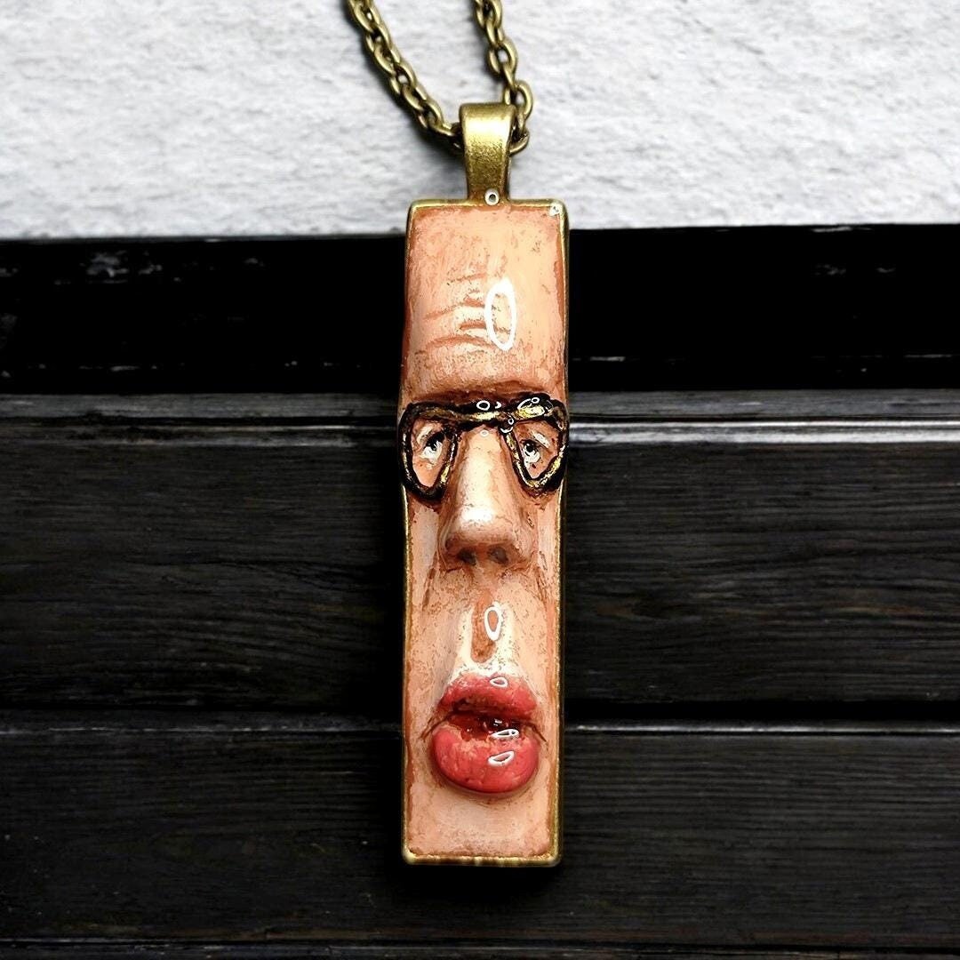 Man with Glasses Necklace – Handmade Clay & Resin Surreal Statement Jewelry, Sculptural Wearable Art with Alloy Pendant / Chain OOAK