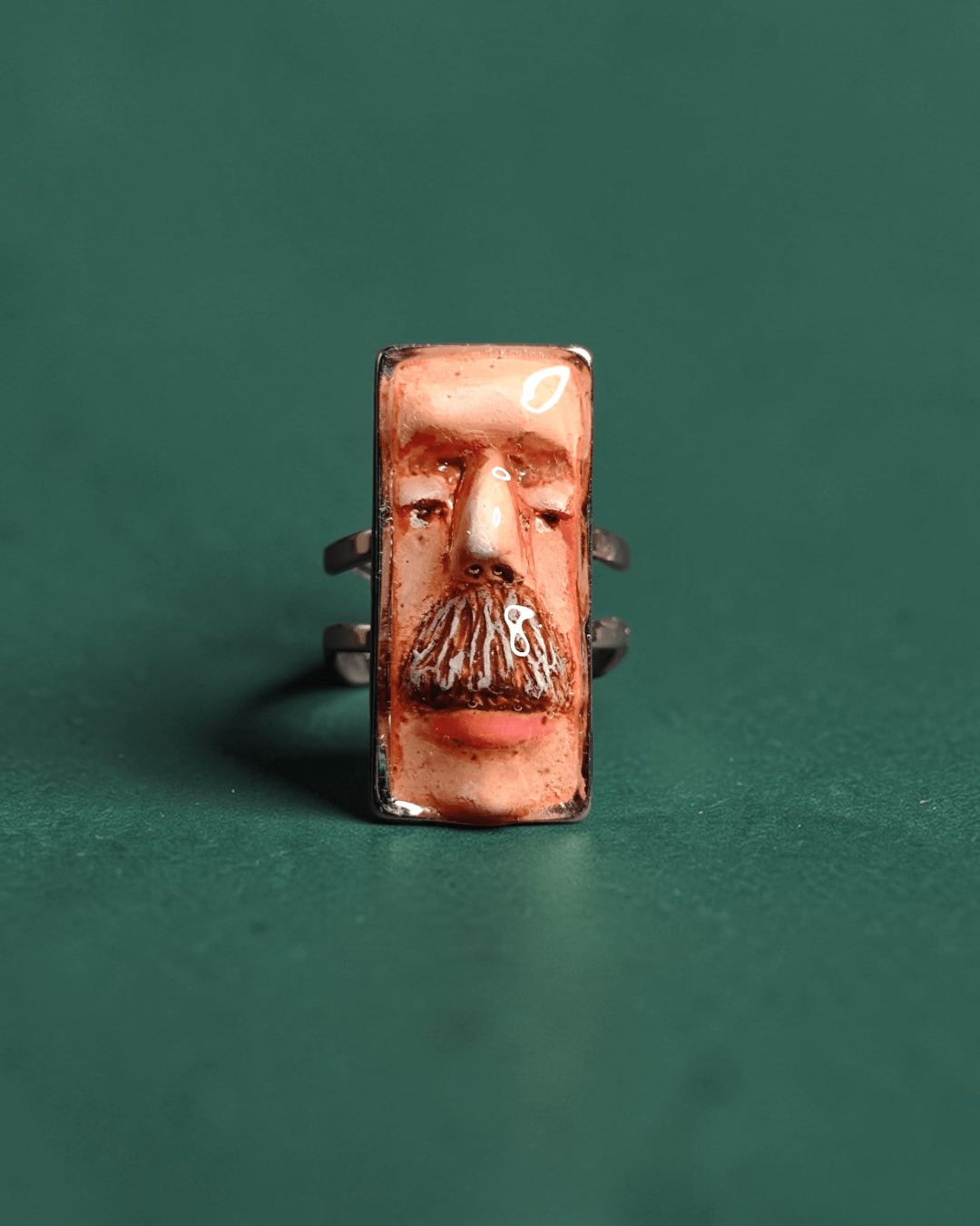 Man with Mustache Ring – Handmade Clay & Resin Surreal Statement Jewelry, Sculptural Wearable Art with Adjustable Stainless Steel Band - SAMA