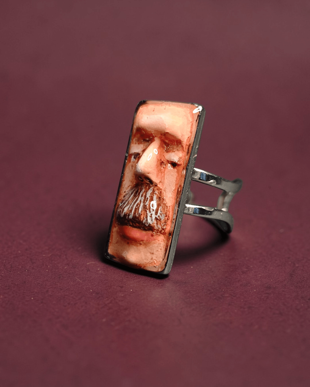Man with Mustache Ring – Handmade Clay & Resin Surreal Statement Jewelry, Sculptural Wearable Art with Adjustable Stainless Steel Band - SAMA