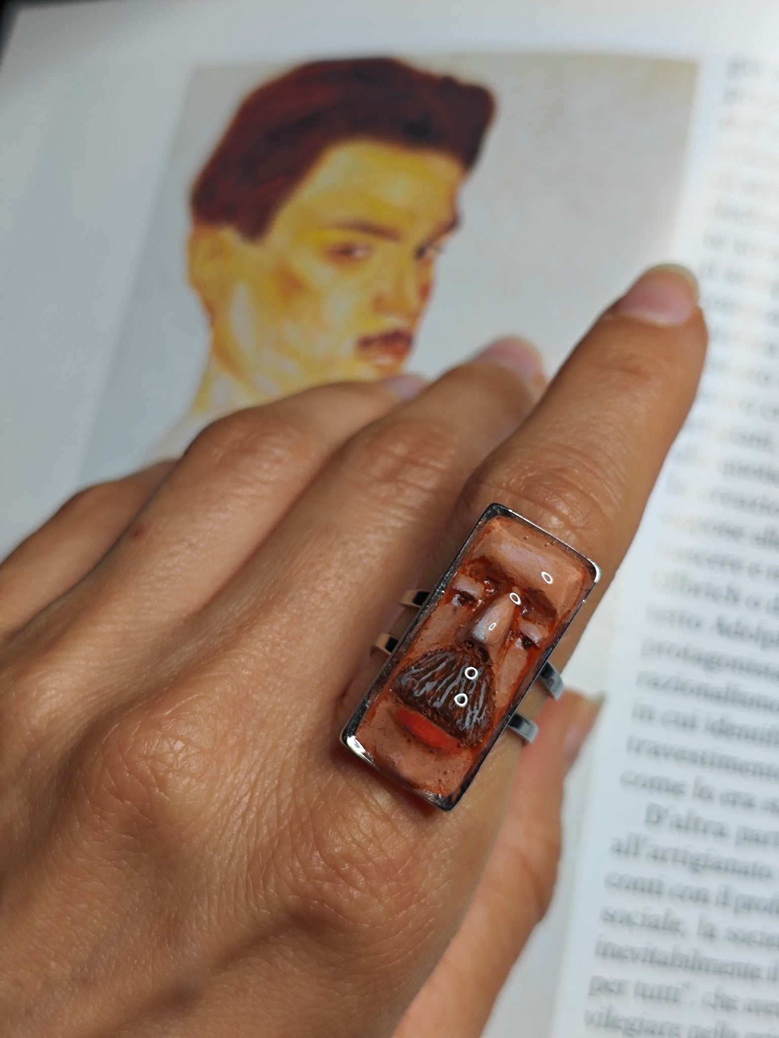 Man with Mustache Ring – Handmade Clay & Resin Surreal Statement Jewelry, Sculptural Wearable Art with Adjustable Stainless Steel Band - SAMA