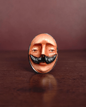 Man with Mustache Ring – Handmade Clay & Resin Surreal Statement Jewelry with Adjustable Stainless Steel Band - SAMA