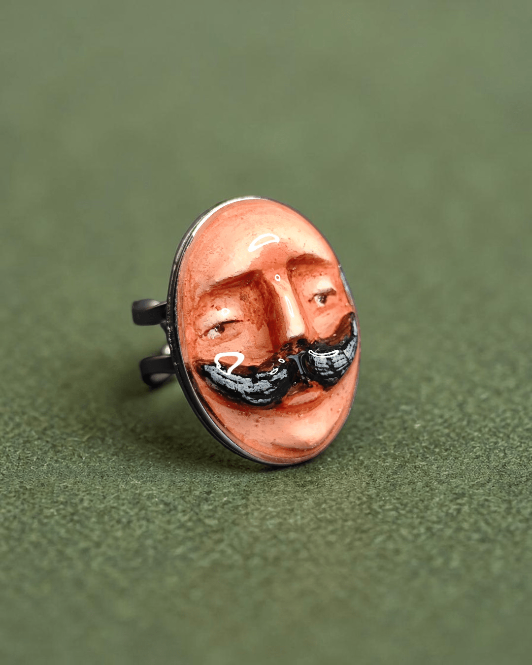 Man with Mustache Ring – Handmade Clay & Resin Surreal Statement Jewelry with Adjustable Stainless Steel Band - SAMA
